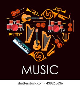 Love music heart icon made up of flat icons of musical instruments. Heart with acoustic guitars and drum kits, violins and saxophones, trumpets and horns, lyre, harps and synthesizer