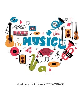 Love Music Heart. Musical instruments on heart shape.