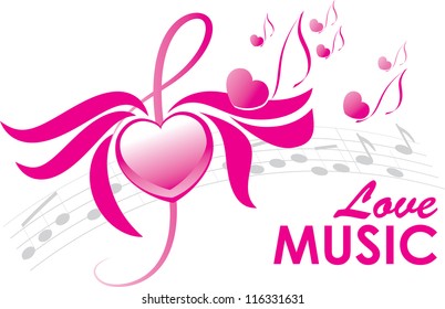 love music, heart, wings, note and treble clef, vector illustration