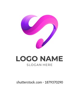 love music logo, love and music note, combination logo with 3d pink and purple color  style