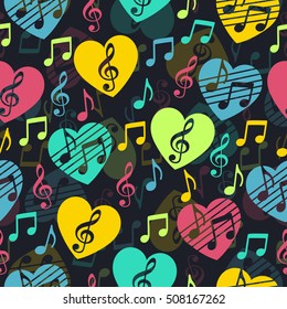 Love for music, musical abstract vector background, seamless pattern. Multicolored heart with a treble clef and notes. For the design of wallpaper, wrap, fabric, prints