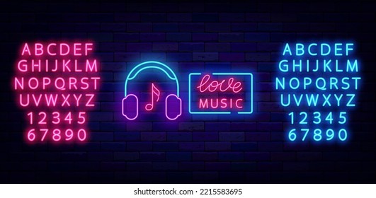 Love music neon signboard. Luminous blue and pink alphabet. Headphones and note. Music school logotype. Talent show and karaoke emblem. Light sign. Party badge. Shiny banner. Vector stock illustration