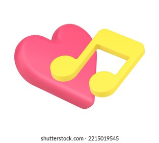 Love music note with heart shape romantic radio favorite sing song realistic 3d icon vector illustration. Like melody bass sound audio broadcasting romance art entertainment hobby acoustic recording