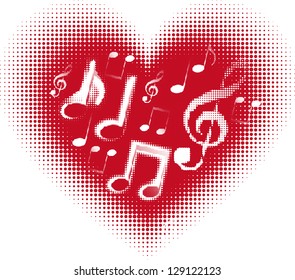 Love music. Music note in the heart. You can use in concerts, recitals, concerts, pub or bar background.(Vector halftone design)