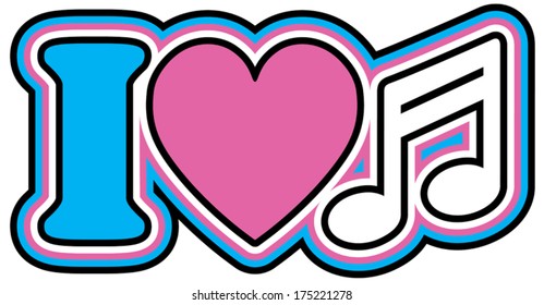 I LOVE MUSIC Retro style iconic design of the letter I, heart and musical note symbols in pink, blue, black and white.