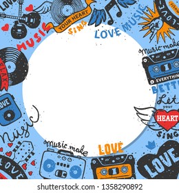 Love music round pattern vector illustration. Let your heart sing. Music make everything better. Love music. Cassette tape. Heart with headphones. Electric guitars. Listening to songs.