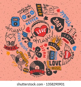 Love music round pattern vector illustration. Let your heart sing. Music make everything better. Love music. Cassette tape. Heart with headphones. Electric guitars. Listening to songs.