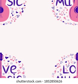 Love music seamless pattern with country guitar, music notes, treble clef, hearts, decorative elements