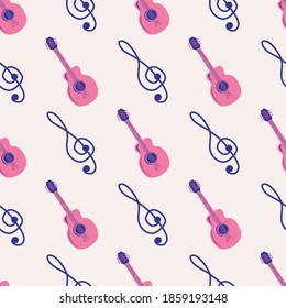 Love music seamless pattern with country guitar, treble clef,