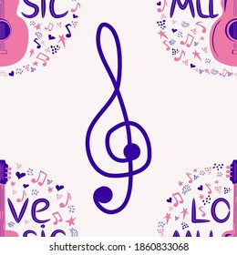 Love music seamless pattern with country guitar, music notes, treble clef, hearts, decorative elements