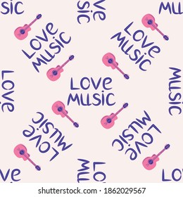 Love music seamless pattern with country guitar, decorative elements