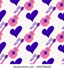 Love music seamless pattern with country guitar, music notes, hearts, decorative elements