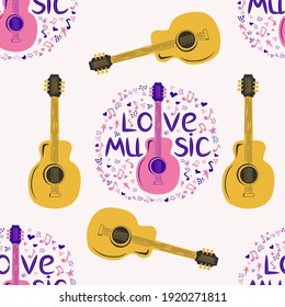 Love music seamless pattern with country guitar, music notes, treble clef, hearts, decorative elements