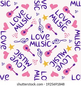 Love music seamless pattern with country guitar, music notes, treble clef, hearts, decorative elements