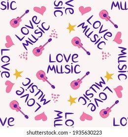 Love music seamless pattern with country guitar, music notes, treble clef, hearts, decorative elements