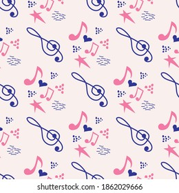 Love music seamless pattern with music notes, treble clef, hearts, decorative elements