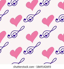 Love music seamless pattern with treble clef, hearts, decorative elements