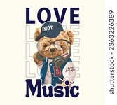 love music slogan with a happy dog on the headphone illustration.Dog listening to music.Graphic design for t-shirt.Funny dog listening to music on the black headset. Pets indoors and lifestyle.