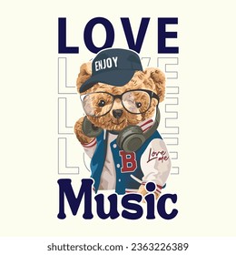 love music slogan with a happy dog on the headphone illustration.Dog listening to music.Graphic design for t-shirt.Funny dog listening to music on the black headset. Pets indoors and lifestyle.