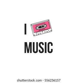 I Love Music Stylish Vector Card or Pwith Pink Audio Cassette on White Background