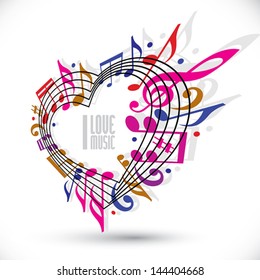 I love music template in red pink and violet colors, rotated in 3d, heart made with musical notes and clef, contain copy space inside for your text, music theme vector design template.