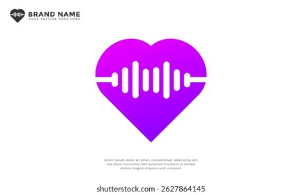 Love Music Wave Logo. Modern logo combining a heart shape with a sound wave or frequency line, representing health, audio technology, waveform, or rhythmic connection.