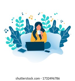 Love Music. A Woman Illustration Listening To Music From Laptop While Drinking Coffee. Quarantine, Stay At Home Concept Series - People Sitting At Their Home, Room Or Apartment. 