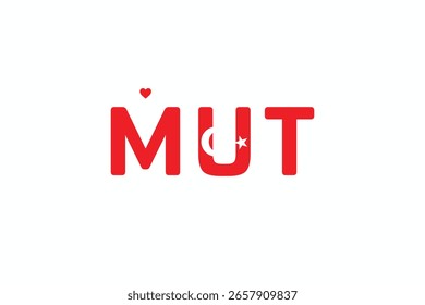 I Love MUT, Typografisches Design von I Love MUT auf weißem Hintergrund, Fahne Typografie von MUT mit Herz, Vektordesign von I Love Turkey