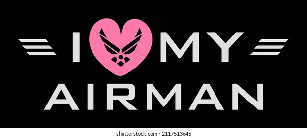 Amo A Mi Airman. Cita del piloto de la fuerza aérea con el logo de la fuerza aérea en forma de corazón rosado. Elemento de diseño para camisetas, afiches, tazas, cascos, pegatinas, pulsera, diseño de impresión.