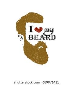I LOVE MY BEARD slogan with red heart instead Love word.Grainy Red Beard retro logo illustration with text on white background.