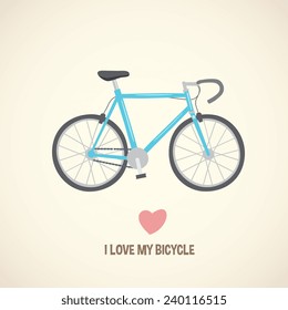 I love my bicycle, cartoon flat style, bike, velocipede isolated vector illustration. Design for stickers, logo, web and mobile app.