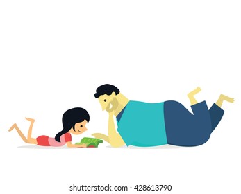 I love my big daddy. Vector illustration of daughter lying on ground learning and reading book with big daddy, family concept of happy father day. 