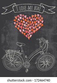 I love my bike. A greeting card or a postcard template with hand-drawn ladies bicycle on grungy chalkboard background.