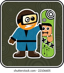 Love My Board. Boy With Snowboard. Green Version. Cartoon Sport Series.