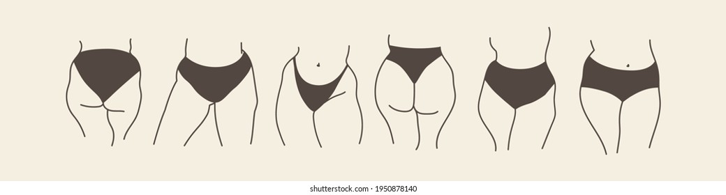 Love my body. Beautiful plus size female silhouette. Fat models in various positions in panties. Beautiful bodies showing body positive. Outline vector illustration EPS 10.