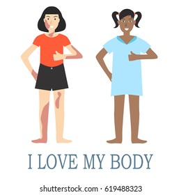 I love my body phrase. Girl with natural beautiful on white background.  Body positive concept with flat design