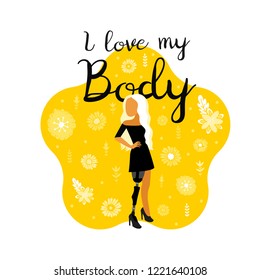I love my body. Body positive. Flat vector female cartoon character. Happy blonde girl with prosthetic leg.  Beauty diversity. 