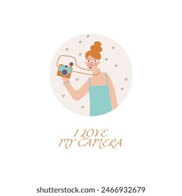 I love my camera. Photographer's Day. National selfie day card featuring happy woman with camera flat vector illustration. Clip art.