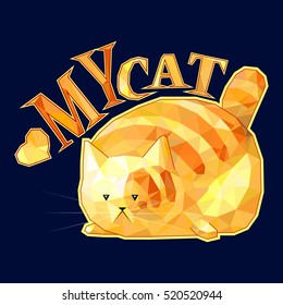 I love my cat, cute vector polygonal cartoon gold cat sticker on blue background