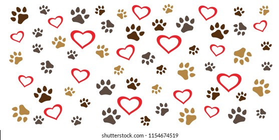 I love my cat or dog footprints Animals day Footsteps signs Funny vector kitty love icon Kitten footprints Pet paw steps Puppy print  Line draw paws Meow, woof, canine silhouette doodle World cat day