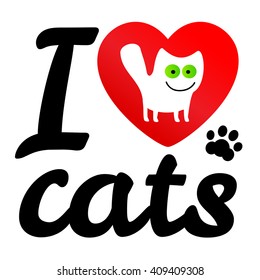 i love my cat. Vector icon illustration. Print white cat with green eyes cartoon style in red heart.