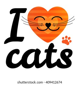 i love my cat. Vector icon illustration. Print cartoon style with two hearts couple striped ginger.
