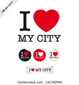 i love my city, font type with signs, stickers and tags. Ideal for print poster, card, shirt, mug.