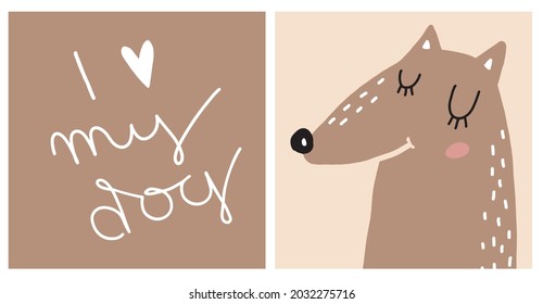 I Love My Dog. Cute Vector Illustration with Brown Dreamy Dog Isolated on a Light Blush Beige Background. Infantile Style Nursery Art ideal for Wall Art, Card, Poster, Decoration, Dog Day Print.