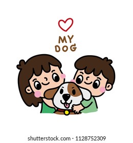 Love my dog. Little kids boy and girl love their pet. Give love, Give hug, Our pet, Lovely pet, Decoration card/ Banner/ Website. Cute vector. Doodle.