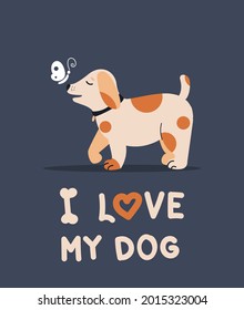 I love my dog. Vector cute greeting card with a funny dog. Cartoon-style illustration with a puppy on a dark background.