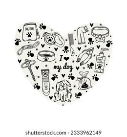 Me encanta el conjunto de vectores de mi perro. Grooming y veterinaria para un cachorro. Accesorios para mascotas - comida, tazón, collarín con hueso, correa con pata, juguete, clavija, afeitador. Clásico blanco y negro para imprimir, carteles