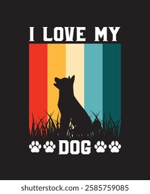 I Love My Dog Vintage Retro Sunset T-Shirt Design