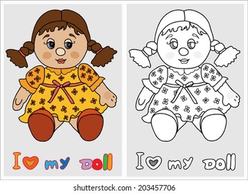 I love my doll, colorful and sketch cartoon vector illustration