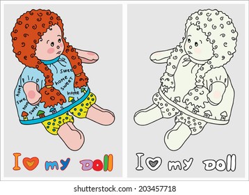 I love my doll, colorful and sketch cartoon vector illustration